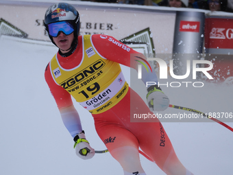 Franjo Von Allmen of Team Switzerland competes during the Audi FIS Alpine Ski World Cup, Men's Super Giant race on Saslong Slope in Val Gard...