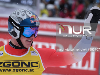 Franjo Von Allmen of Team Switzerland competes during the Audi FIS Alpine Ski World Cup, Men's Super Giant race on Saslong Slope in Val Gard...