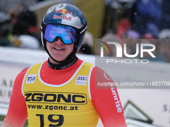 Franjo Von Allmen of Team Switzerland competes during the Audi FIS Alpine Ski World Cup, Men's Super Giant race on Saslong Slope in Val Gard...