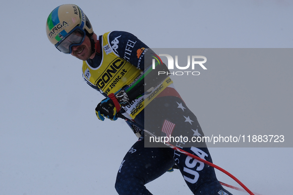 River Radamus of Team United States competes during the Audi FIS Alpine Ski World Cup, Men's Super Giant race on Saslong Slope in Val Garden...