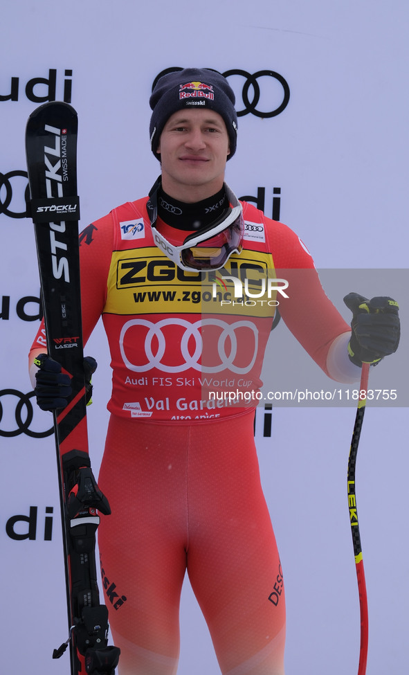 Marco Odermatt of Team Switzerland takes 3rd place during the Audi FIS Alpine Ski World Cup Men's Super Giant race on Saslong Slope in Val G...