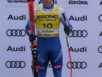 Mattia Casse of Team Italy secures first place in the Audi FIS Alpine Ski World Cup, Men's Super Giant race on Saslong Slope in Val Gardena,...