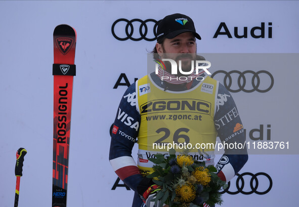 Jared Goldberg of Team United States secures 2nd place during the Audi FIS Alpine Ski World Cup Men's Super Giant race on Saslong Slope in V...