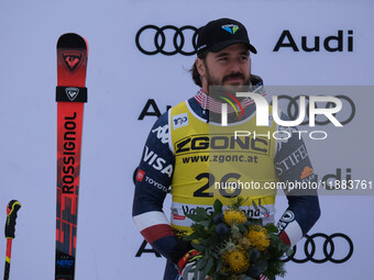 Jared Goldberg of Team United States secures 2nd place during the Audi FIS Alpine Ski World Cup Men's Super Giant race on Saslong Slope in V...