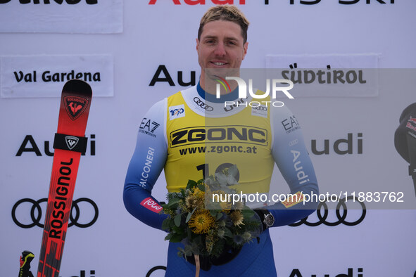 Mattia Casse of Team Italy secures first place in the Audi FIS Alpine Ski World Cup, Men's Super Giant race on Saslong Slope in Val Gardena,...