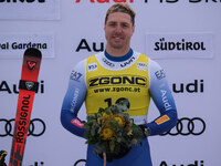 Mattia Casse of Team Italy secures first place in the Audi FIS Alpine Ski World Cup, Men's Super Giant race on Saslong Slope in Val Gardena,...