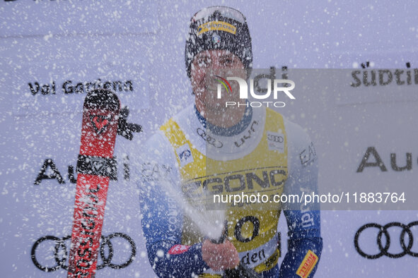 Mattia Casse of Team Italy celebrates the victory of the Audi FIS Alpine Ski World Cup, Men's Super Giant race on Saslong Slope in Val Garde...