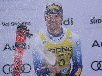 Mattia Casse of Team Italy celebrates the victory of the Audi FIS Alpine Ski World Cup, Men's Super Giant race on Saslong Slope in Val Garde...