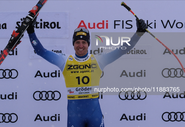 Mattia Casse of Team Italy celebrates the victory of the Audi FIS Alpine Ski World Cup, Men's Super Giant race on Saslong Slope in Val Garde...