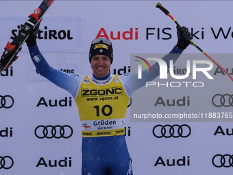 Mattia Casse of Team Italy celebrates the victory of the Audi FIS Alpine Ski World Cup, Men's Super Giant race on Saslong Slope in Val Garde...