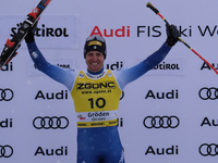 Mattia Casse of Team Italy celebrates the victory of the Audi FIS Alpine Ski World Cup, Men's Super Giant race on Saslong Slope in Val Garde...