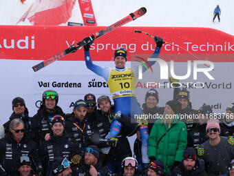 Mattia Casse and the Italian National Ski Team celebrate the victory of the Audi FIS Alpine Ski World Cup, Men's Super Giant race on Saslong...