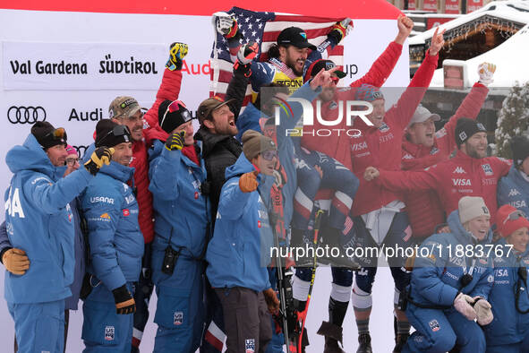 Jared Goldberg of Team United States and the United States National Ski Team celebrates second place in the Audi FIS Alpine Ski World Cup, M...