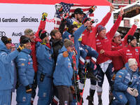 Jared Goldberg of Team United States and the United States National Ski Team celebrates second place in the Audi FIS Alpine Ski World Cup, M...