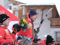 Marco Odermatt of Team Switzerland and the Switzerland Ski Team celebrates third place in the Audi FIS Alpine Ski World Cup, Men's Super Gia...