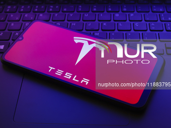 The Tesla, Inc. logo appears on a smartphone screen in this illustration photo in Reno, United States, on December 20, 2024. (