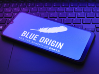 The Blue Origin logo appears on a smartphone screen in this illustration photo in Reno, United States, on December 20, 2024. (