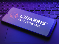 The L3Harris logo appears on a smartphone screen in this illustration photo in Reno, United States, on December 20, 2024. (