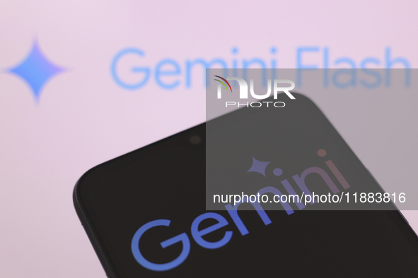 The Google Gemini logo appears on a smartphone screen, and in the background, the Gemini Flash logo is visible, in this illustration photo i...