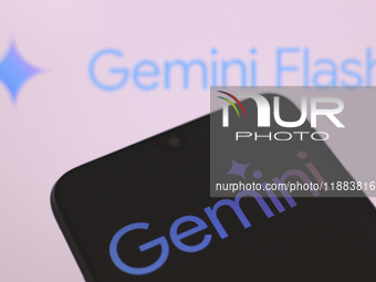 The Google Gemini logo appears on a smartphone screen, and in the background, the Gemini Flash logo is visible, in this illustration photo i...