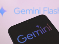 The Google Gemini logo appears on a smartphone screen, and in the background, the Gemini Flash logo is visible, in this illustration photo i...