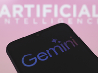 The Google Gemini logo appears on a smartphone screen, and in the background, the text Artificial Intelligence is visible, in this illustrat...