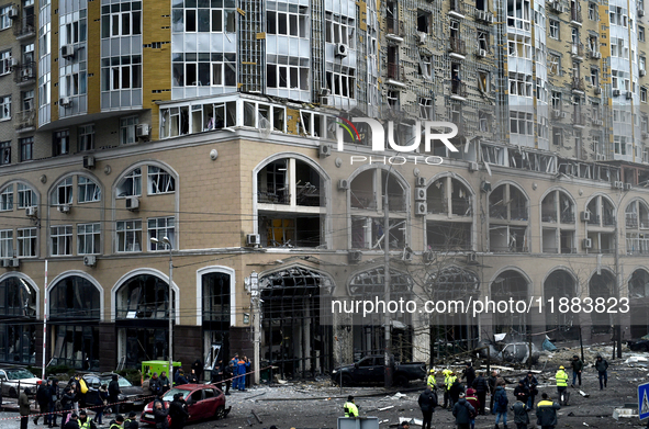 A building in the Holosiivskyi district is damaged by a Russian missile attack in Kyiv, Ukraine, on December 20, 2024. On Friday morning, De...