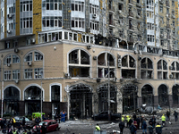 A building in the Holosiivskyi district is damaged by a Russian missile attack in Kyiv, Ukraine, on December 20, 2024. On Friday morning, De...