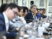 Finance Minister Fernando Haddad talks to journalists during a breakfast at the Finance Ministry in Brasilia, Brazil, on December 20, 2024....