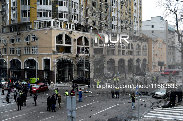 A building in the Holosiivskyi district is damaged by a Russian missile attack in Kyiv, Ukraine, on December 20, 2024. On Friday morning, De...