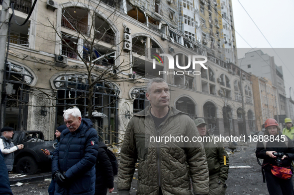 In Kyiv, Ukraine, on December 20, 2024, Kyiv city head Vitali Klitschko examines buildings in the Holosiivskyi district damaged by a Russian...