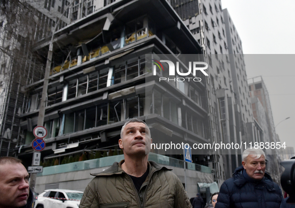 In Kyiv, Ukraine, on December 20, 2024, Kyiv city head Vitali Klitschko examines buildings in the Holosiivskyi district damaged by a Russian...