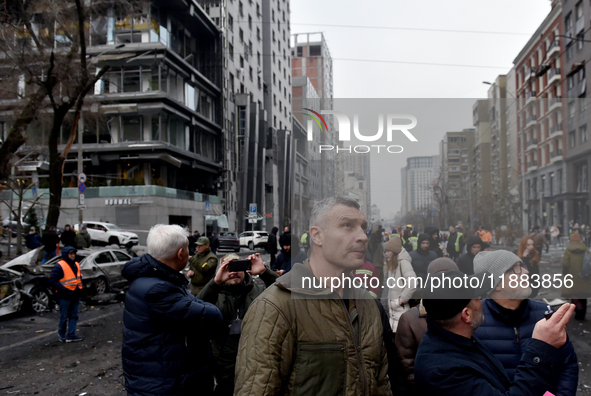 In Kyiv, Ukraine, on December 20, 2024, Kyiv city head Vitali Klitschko examines buildings in the Holosiivskyi district damaged by a Russian...