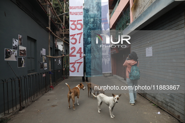 Stray dogs stand while a woman takes a picture with her mobile phone in front of an art installation inside an alley during an open-air art...