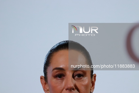 Mexico's President Claudia Sheinbaum speaks during a briefing conference about the repatriation of archaeological artifacts and the growth o...