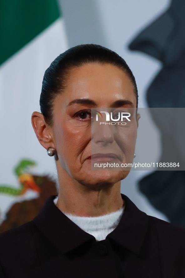 Mexico's President Claudia Sheinbaum speaks during a briefing conference about the repatriation of archaeological artifacts and the growth o...