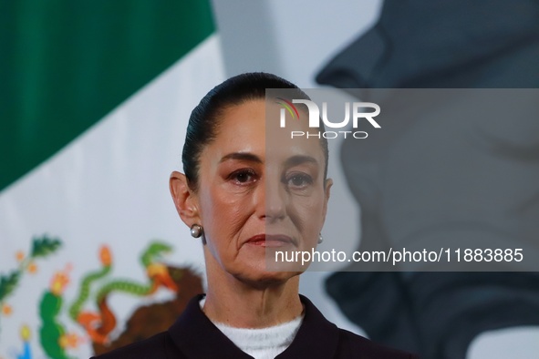 Mexico's President Claudia Sheinbaum speaks during a briefing conference about the repatriation of archaeological artifacts and the growth o...