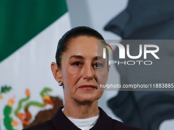 Mexico's President Claudia Sheinbaum speaks during a briefing conference about the repatriation of archaeological artifacts and the growth o...