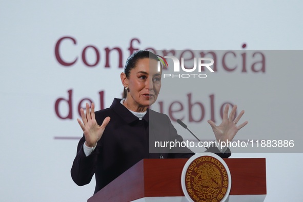 Mexico's President Claudia Sheinbaum speaks during a briefing conference about the repatriation of archaeological artifacts and the growth o...