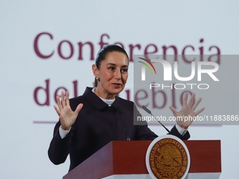 Mexico's President Claudia Sheinbaum speaks during a briefing conference about the repatriation of archaeological artifacts and the growth o...