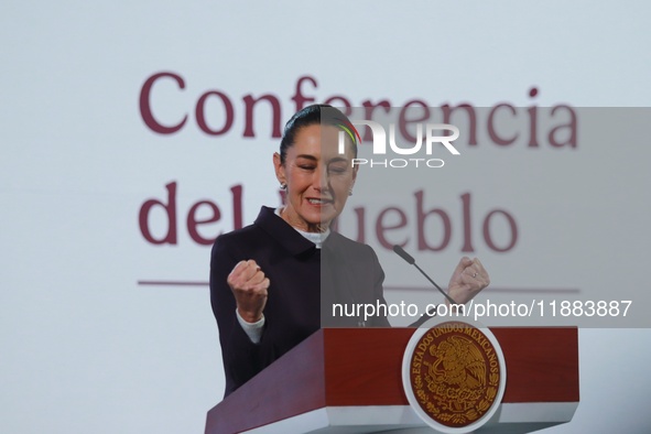 Mexico's President Claudia Sheinbaum speaks during a briefing conference about the repatriation of archaeological artifacts and the growth o...