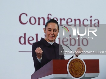 Mexico's President Claudia Sheinbaum speaks during a briefing conference about the repatriation of archaeological artifacts and the growth o...