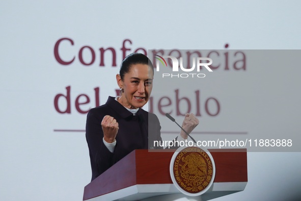 Mexico's President Claudia Sheinbaum speaks during a briefing conference about the repatriation of archaeological artifacts and the growth o...