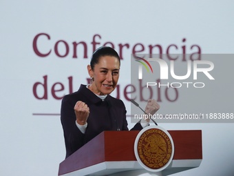 Mexico's President Claudia Sheinbaum speaks during a briefing conference about the repatriation of archaeological artifacts and the growth o...