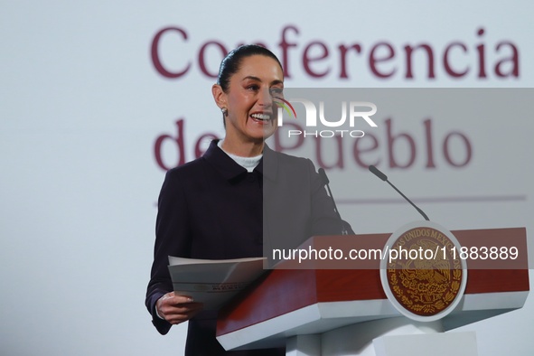 Mexico's President Claudia Sheinbaum speaks during a briefing conference about the repatriation of archaeological artifacts and the growth o...