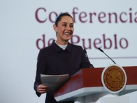 Mexico's President Claudia Sheinbaum speaks during a briefing conference about the repatriation of archaeological artifacts and the growth o...