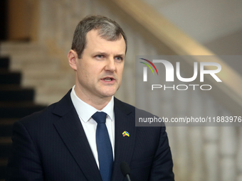 Prime Minister of the Republic of Lithuania Gintautas Paluckas attends a joint news conference with Prime Minister of Ukraine Denys Shmyhal...