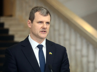 Prime Minister of the Republic of Lithuania Gintautas Paluckas attends a joint news conference with Prime Minister of Ukraine Denys Shmyhal...