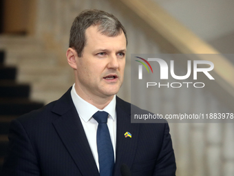 Prime Minister of the Republic of Lithuania Gintautas Paluckas attends a joint news conference with Prime Minister of Ukraine Denys Shmyhal...