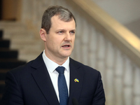 Prime Minister of the Republic of Lithuania Gintautas Paluckas attends a joint news conference with Prime Minister of Ukraine Denys Shmyhal...